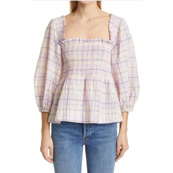 Ganni Top Plaid Check Seersucker Smocked - Picture 1 of 10